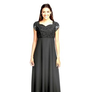 Velvet Flocked Chiffon Bodice with Crape Back Satin Skirt Formal Maxi Dr…